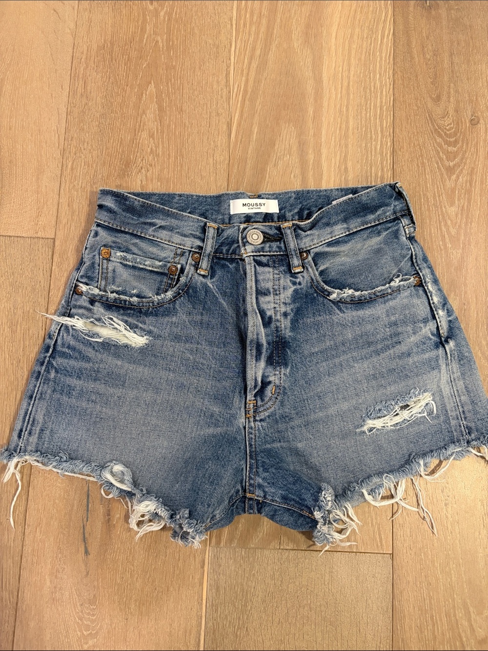 Moussy Medium Blue Distressed High-Rise Denim Shorts